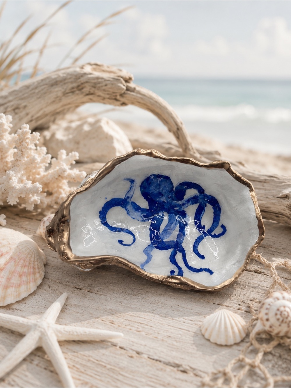 Handcrafted Blue Octopus Decorative Shell Tray - Coastal Home Art
